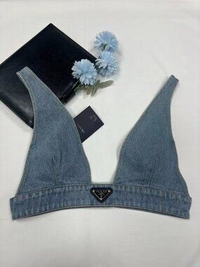 🎀 Prada Brand New Blue Denim Triangle-Logo Bra😍